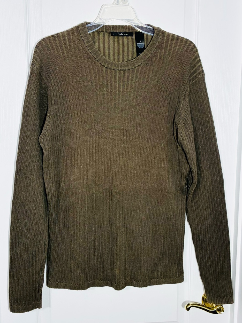 Y2K VTG Claiborne Hong Kong Made Ribbed Cotton Crewneck Sweater Olive Medium